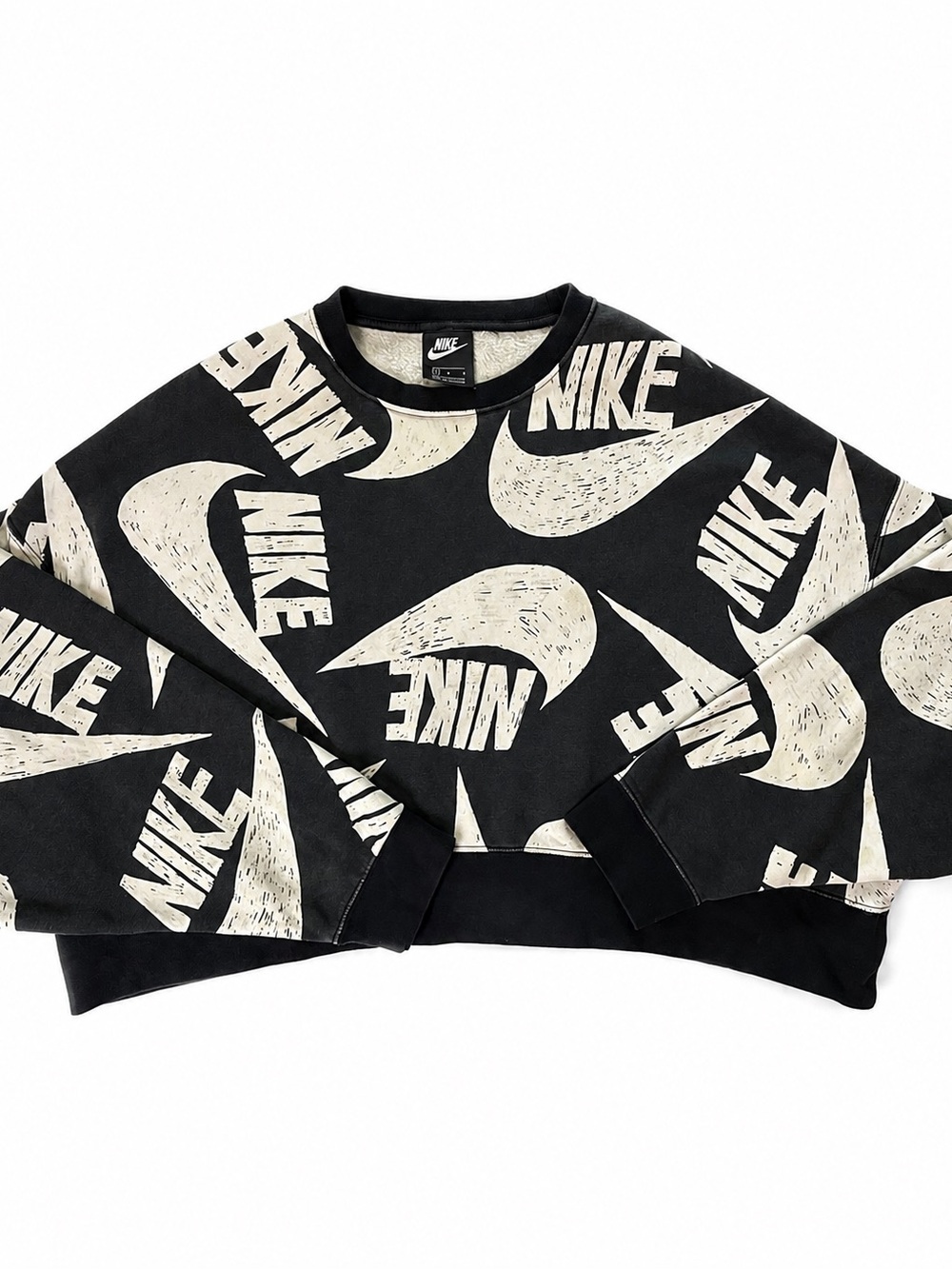 Nike All-Over Swoosh Print Cropped Crewneck Sweatshirt Black Cream